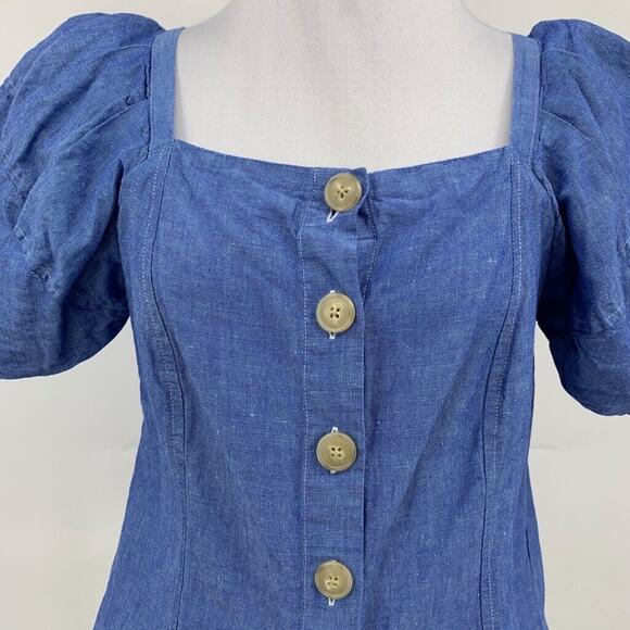 Ann Taylor Top Womens XS Chambray Linen Blend Puff Sleeve Button Front Cropped - Picture 3 of 12